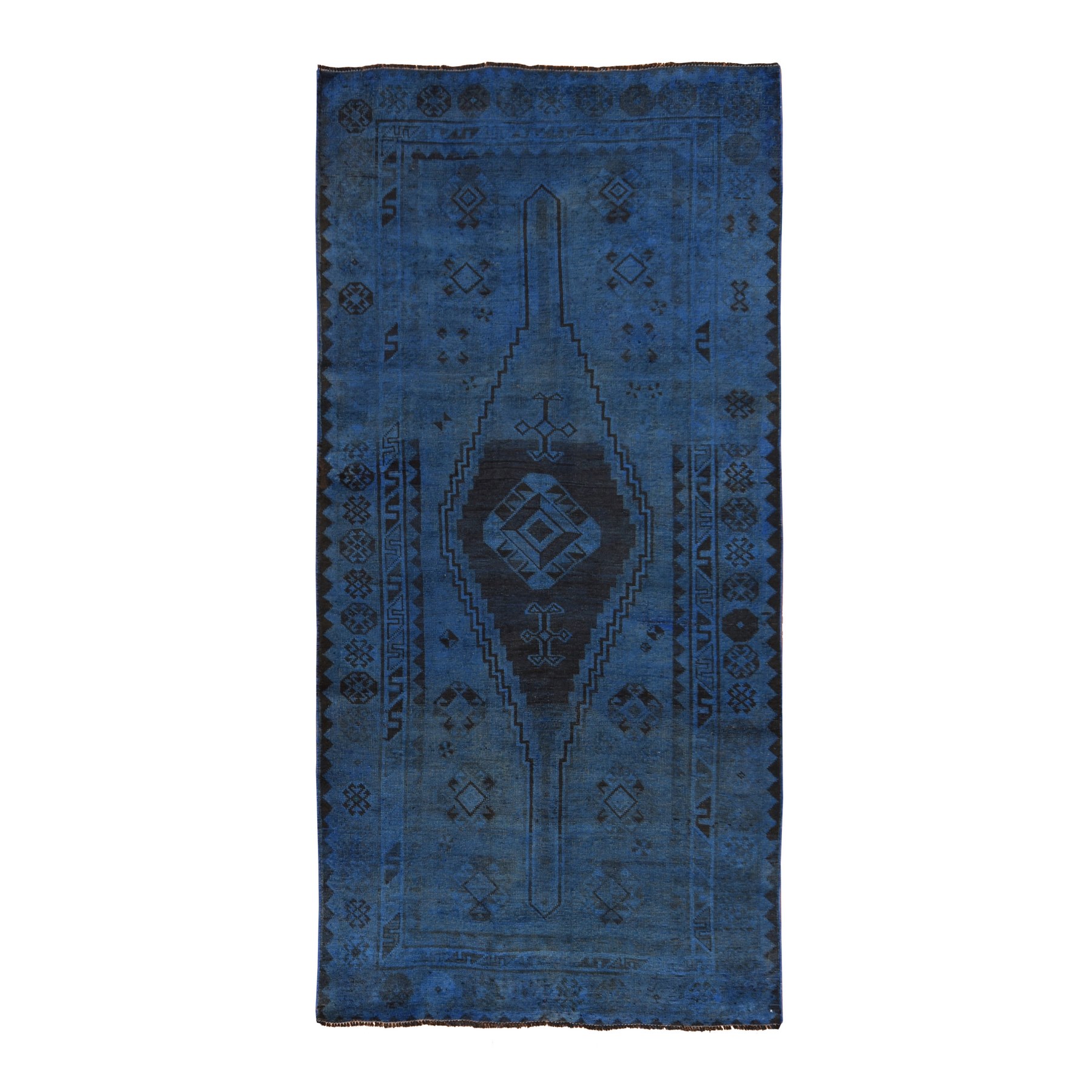 Yale Blue, Overdyed Vintage Persian Shiraz, Worn Down and Distressed, Hand Knotted, 100% Wool, Gallery Size, Extra Wide Runner, Oriental Rug